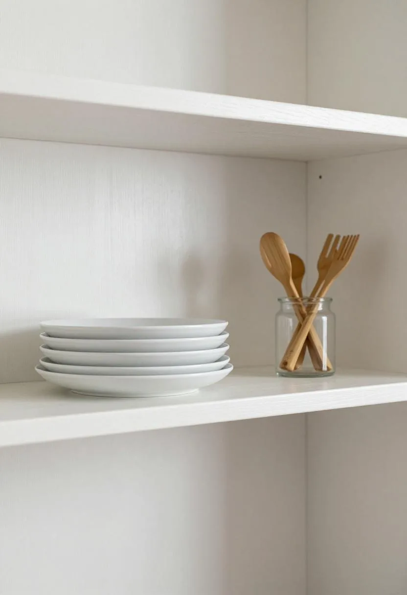 Modern open kitchen shelf with stacked white plates and a bamboo utensil jar