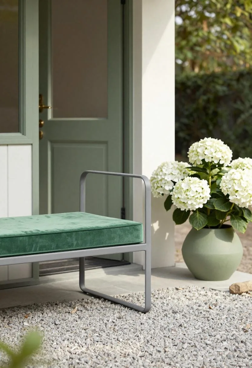 Bold jade green cushion and sage ceramic pot bring spring color to a modern porch bench vignette