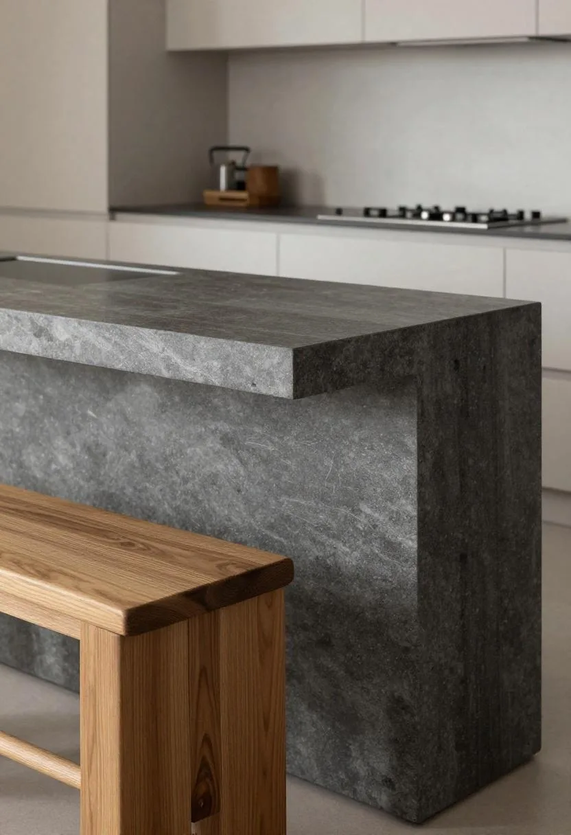 Modern soapstone island surface with espresso oak stool in close detail
