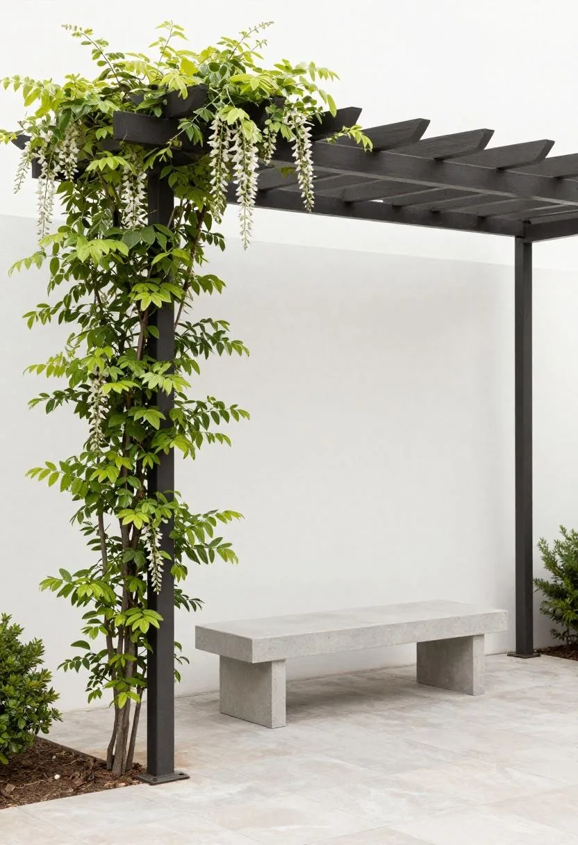 Modern steel pergola with green wisteria and a concrete bench on a slate patio in midday shade