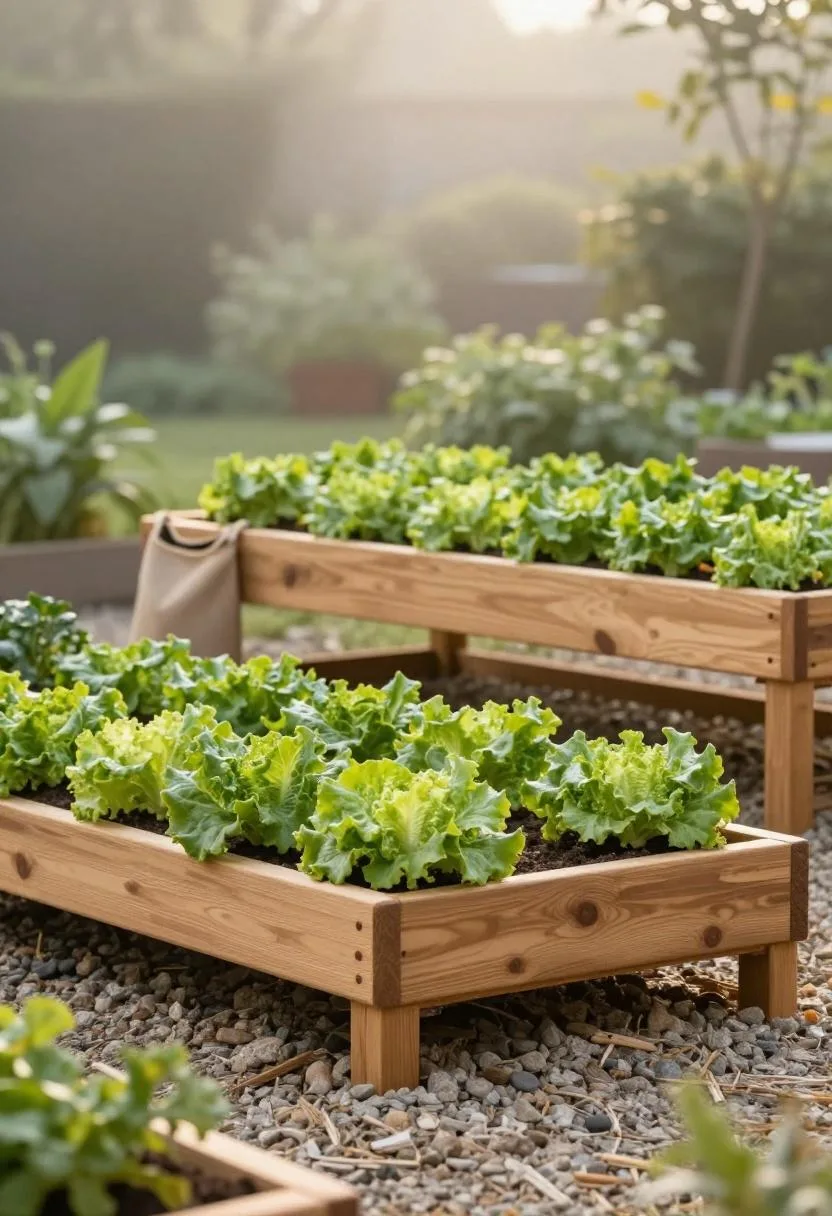 Stacked pine modular raised bed with carrots below and lettuce heads above on a garden terrace