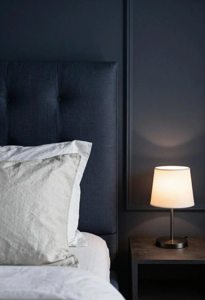 Tall navy linen headboard with an iron wall sconce casting moody evening light
