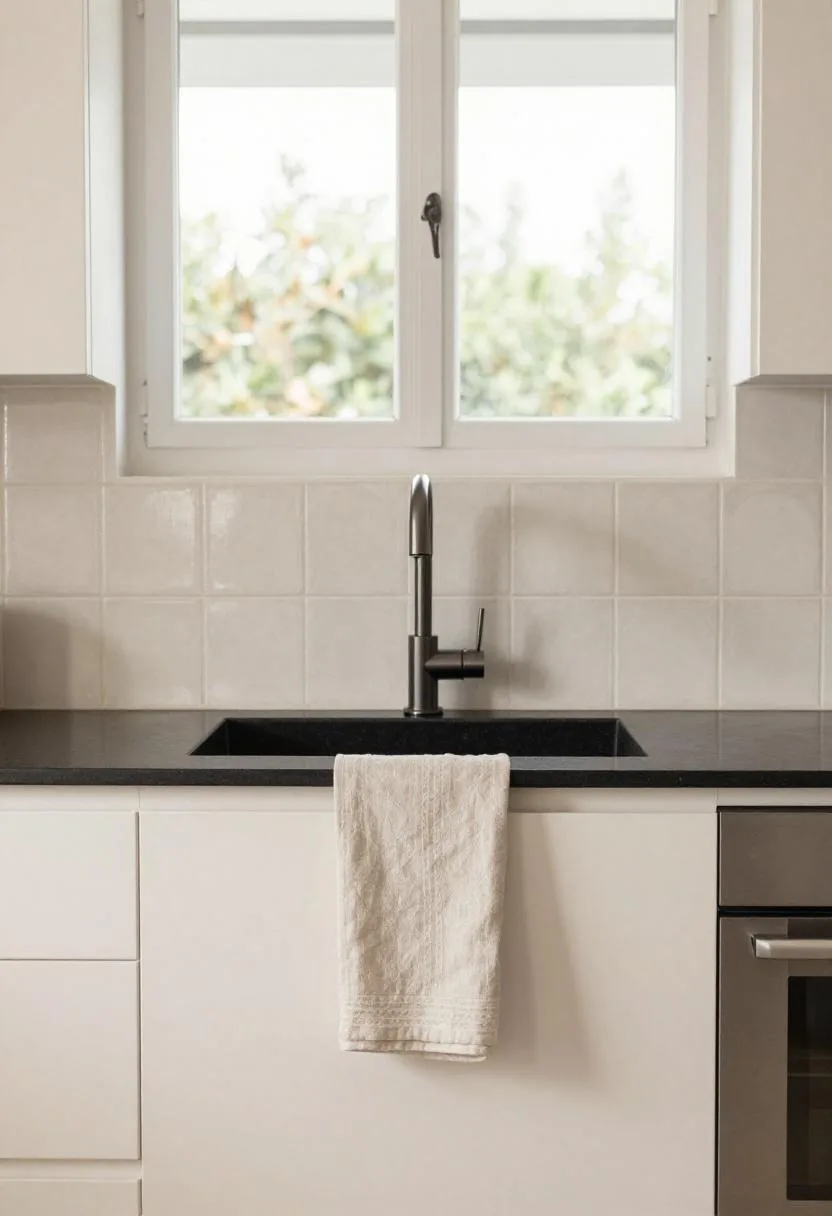 Off-white Moroccan tile backsplash above black soapstone counter with draped linen towel in a kitchen