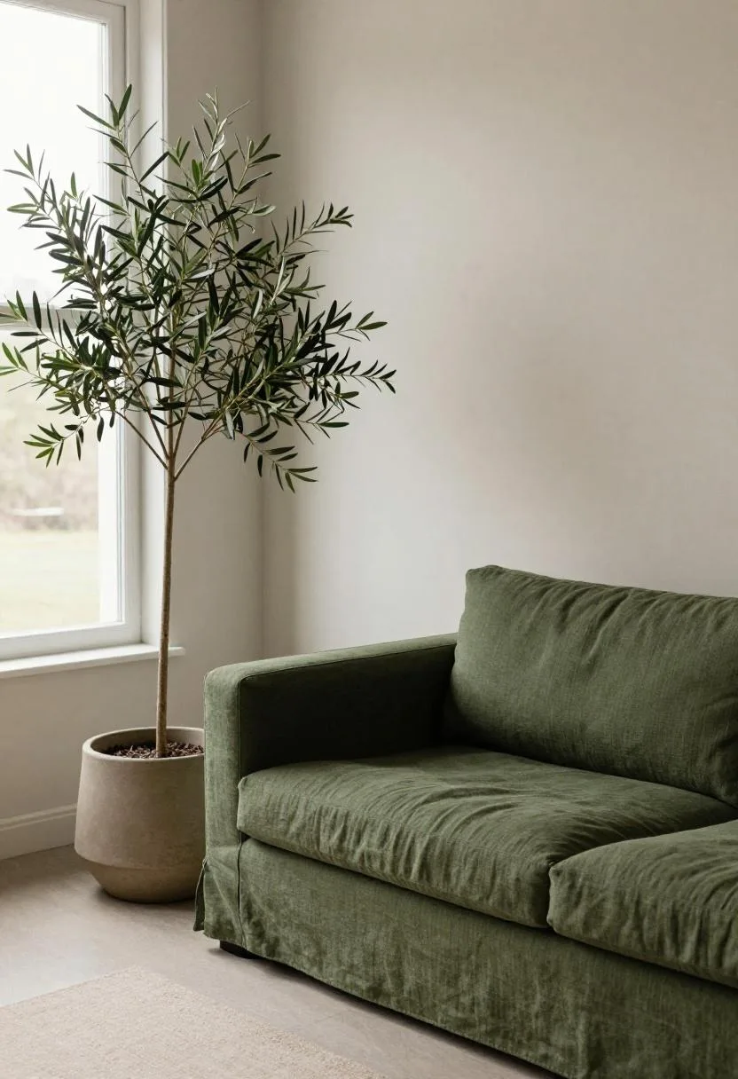 Moss green linen sofa next to a tall potted olive tree in a matte ceramic pot in a warm bohemian living room