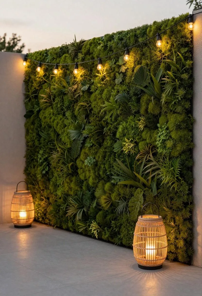 Sage green moss living wall panel glowing under Edison string lights on a cozy deck corner at dusk