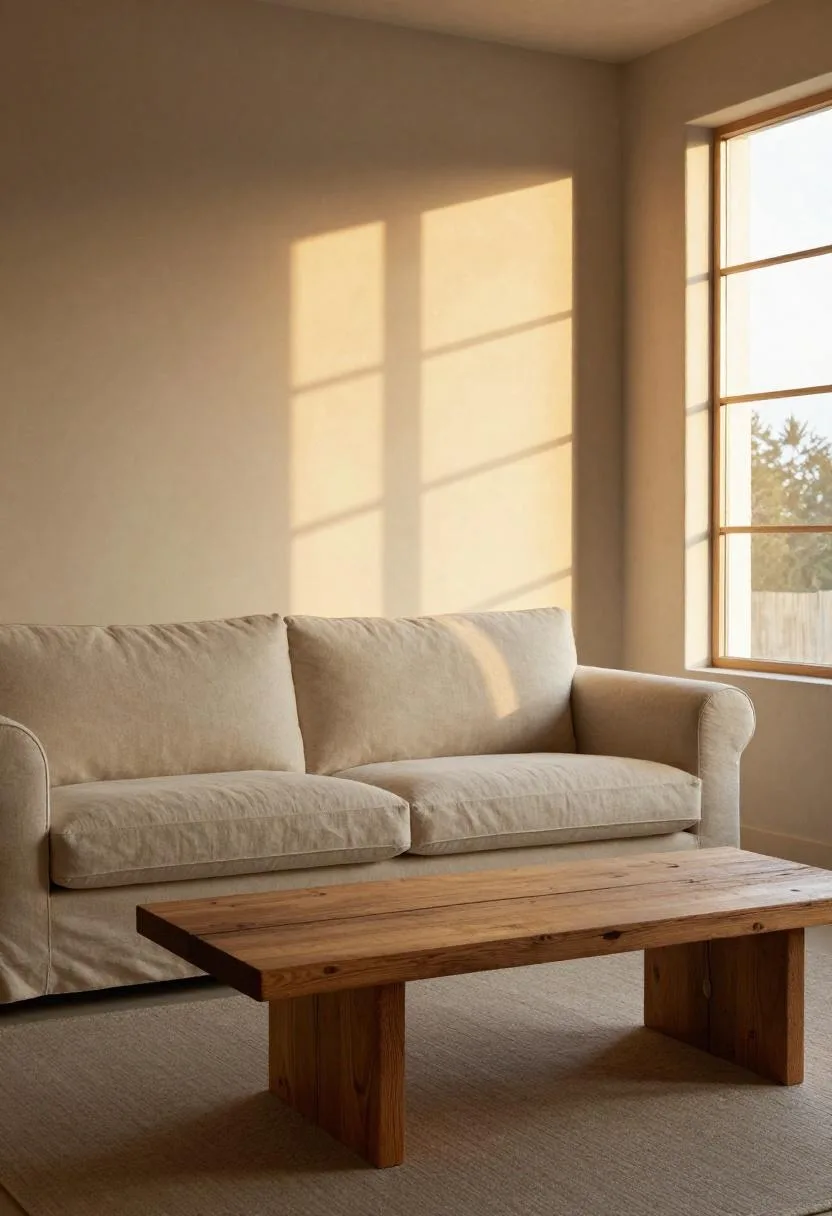 Muslin rolled-arm sofa with a salvaged pine beam coffee table in warm golden hour light