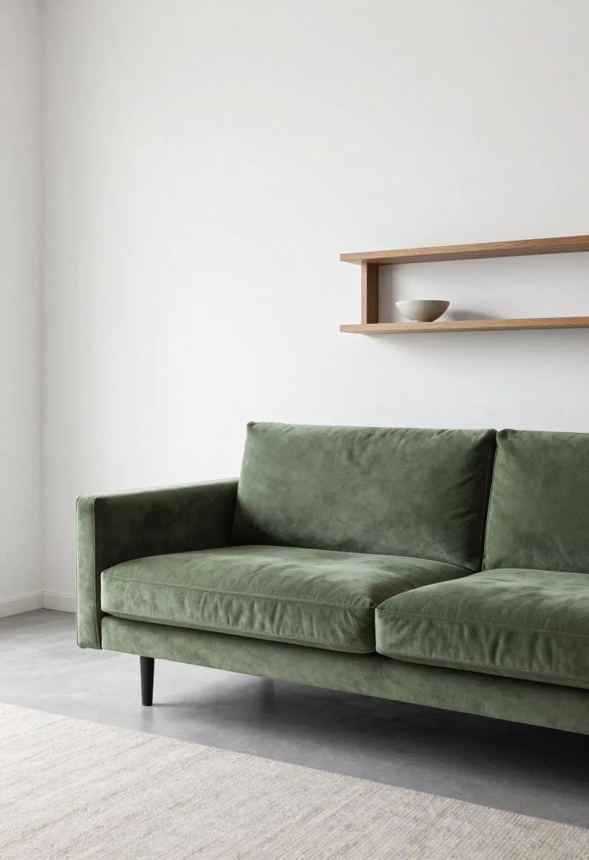 Muted green velvet sofa beside a minimal ash wood shelf with a ceramic bowl in a Japandi living room