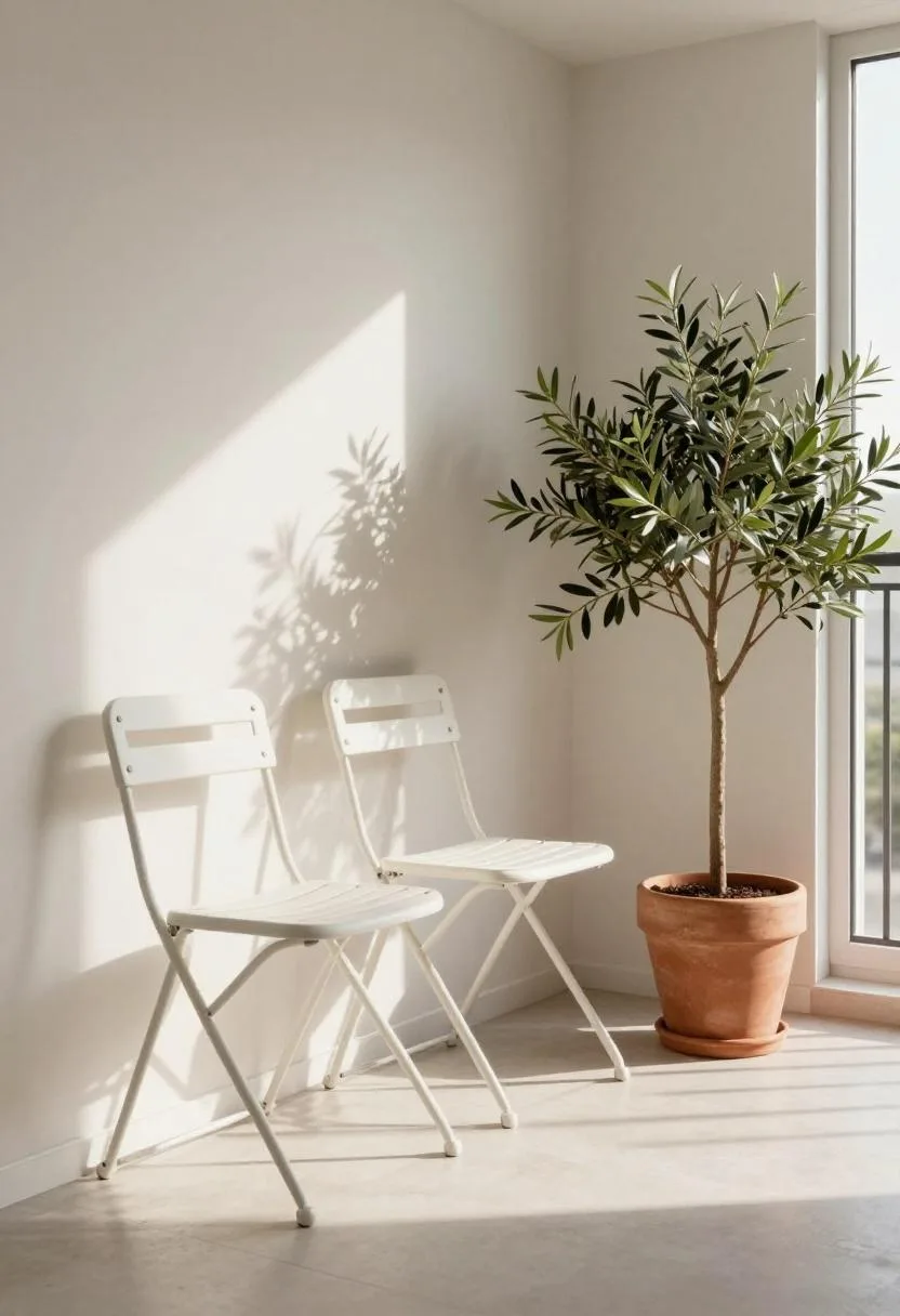 Narrow apartment balcony with folding white chairs and a terracotta olive tree in the corner