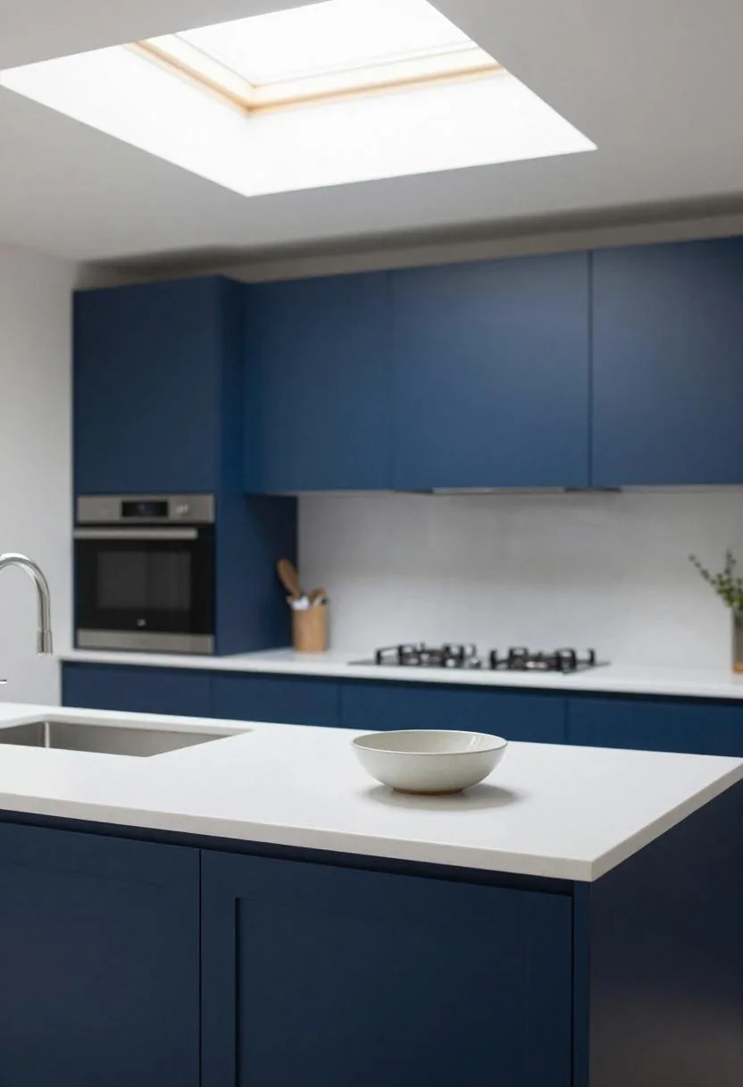 Navy blue flat-panel lower cabinets with white quartz countertops in a transitional kitchen