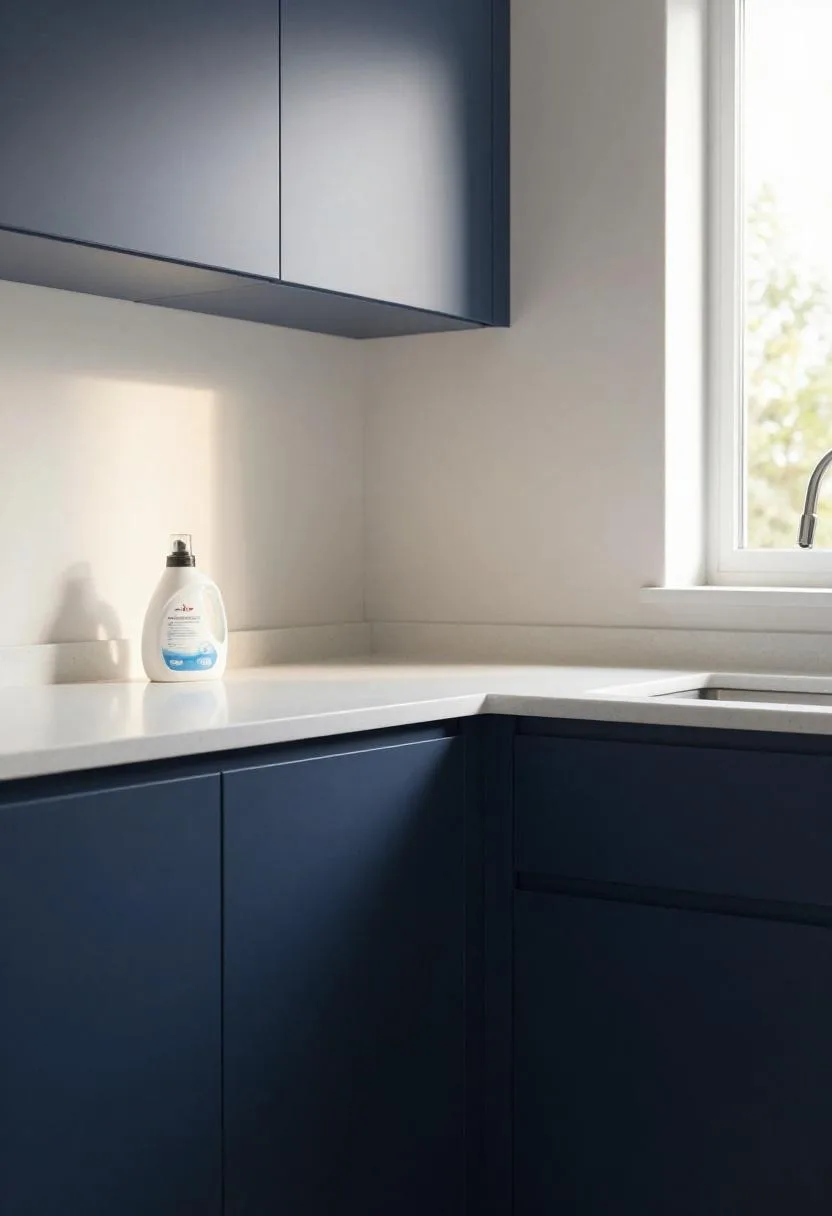Interior design - navy cabinet laundry white quartz countertop glass dispenser