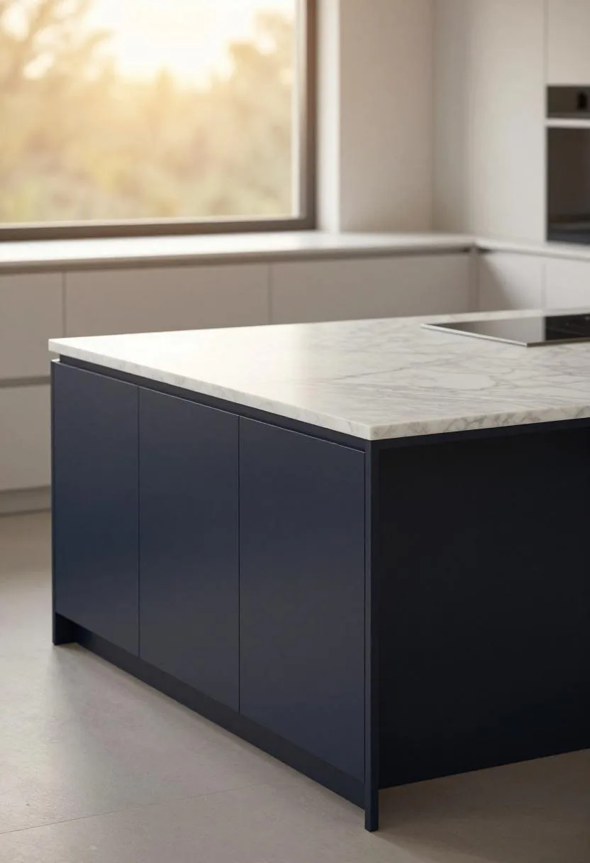 Navy lacquered kitchen island base contrasting with white Carrara marble countertop as a bold two-tone centerpiece