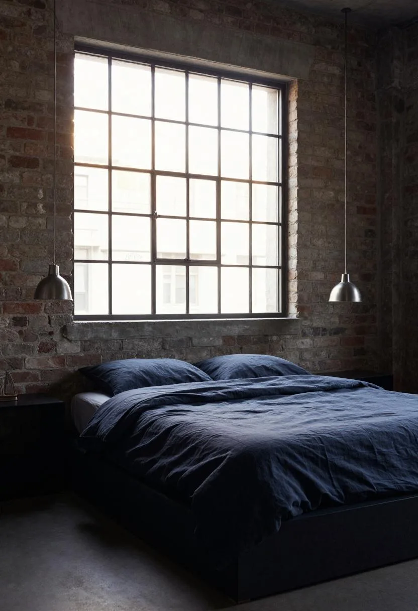 Navy linen platform bed positioned under steel grid window with pendant lamp at golden hour
