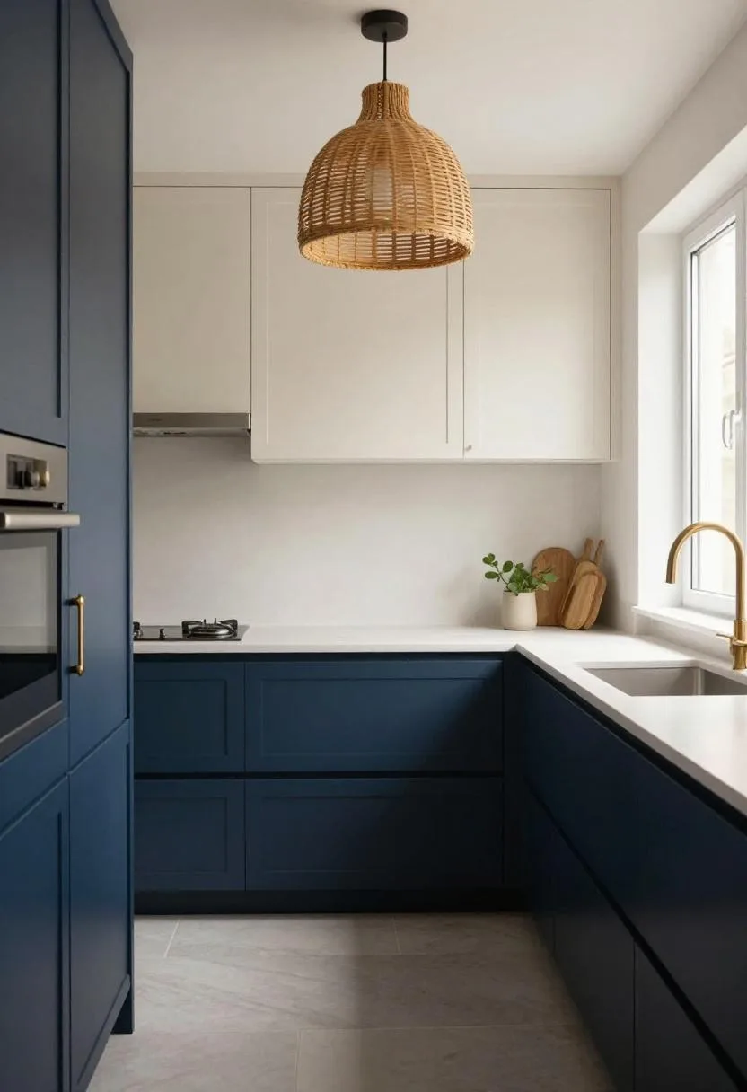 Navy lower cabinets flanking a bright galley kitchen with cream upper cabinets and a rattan pendant light