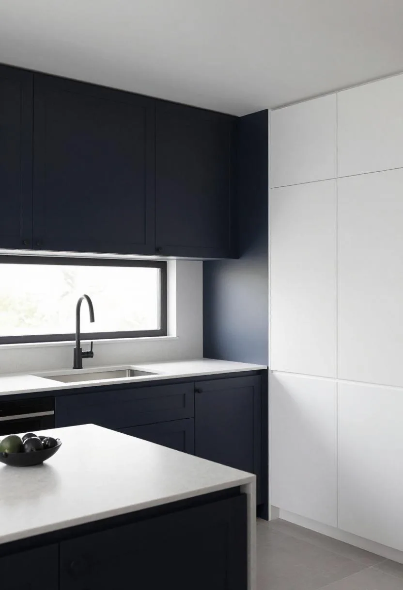 Interior design - navy lower white upper cabinets quartz modern kitchen