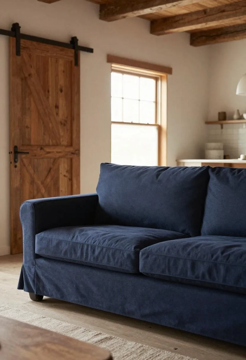 Navy cotton rolled-arm sofa with a weathered oak barn door visible in warm morning light