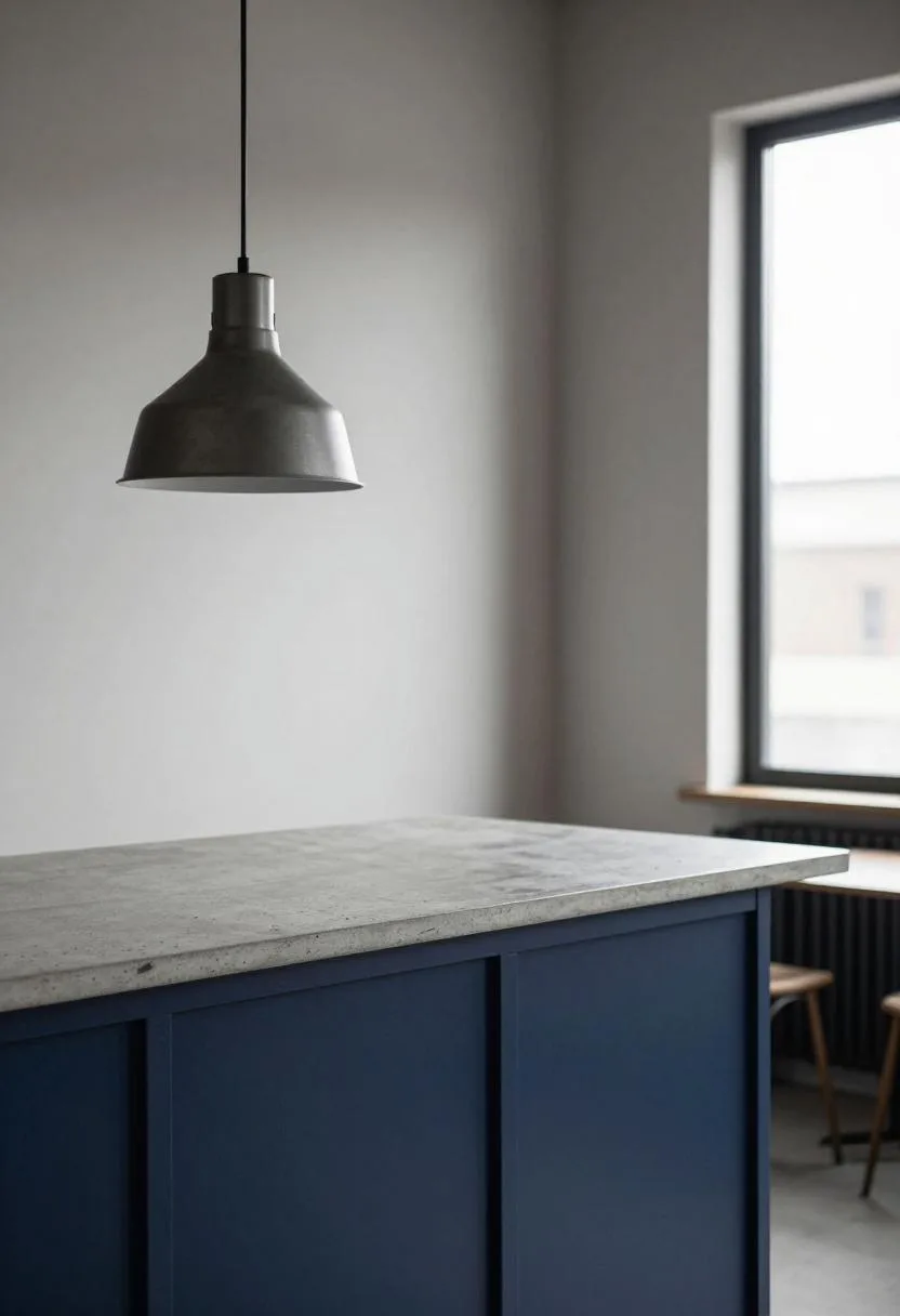 Navy blue steel-framed cabinets with concrete countertops and an iron pendant in an industrial kitchen