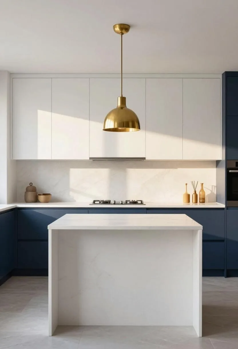 Navy and white two-tone modern kitchen with a quartz waterfall island and brass pendant