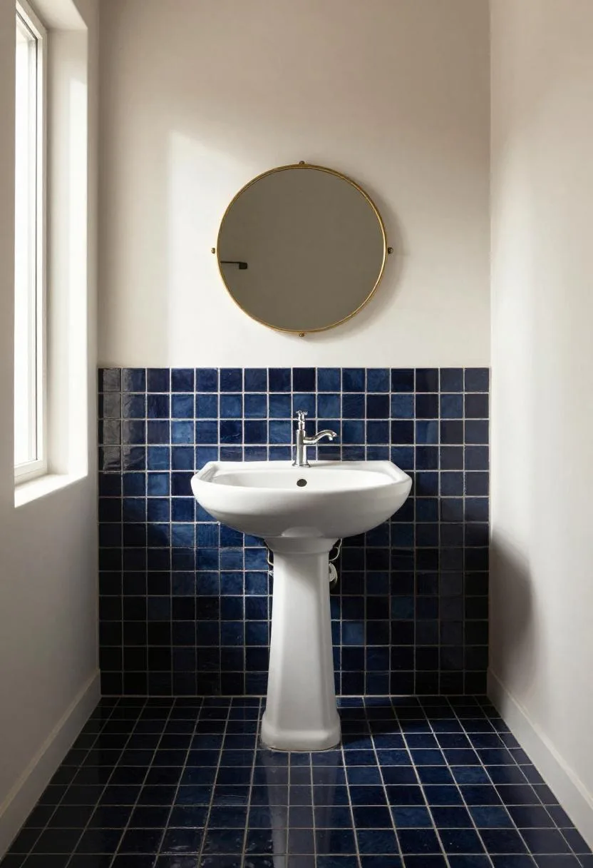 White pedestal sink against a full wall of dark navy zellige tiles with an antique brass round mirror