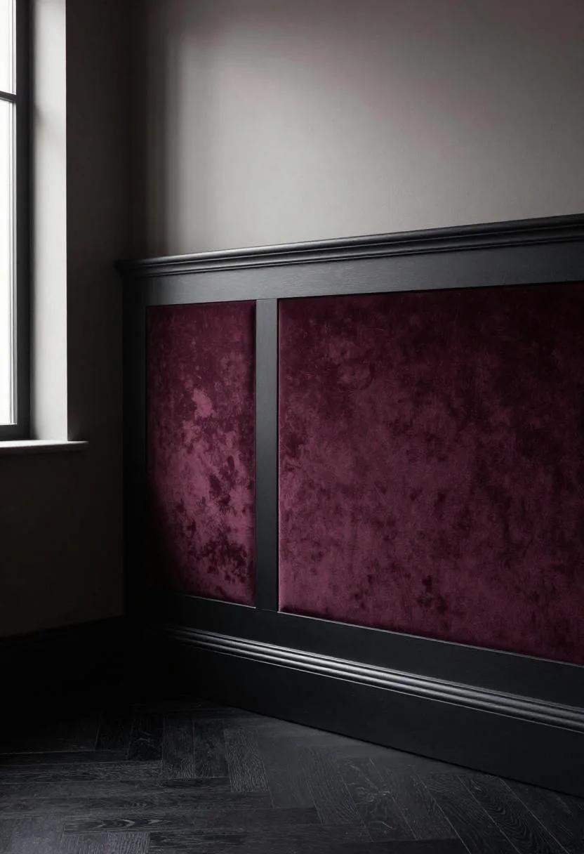 Near-black wide baseboard trim grounding a dramatic Plum Noir bedroom where velvet wall panels meet polished ebony floors