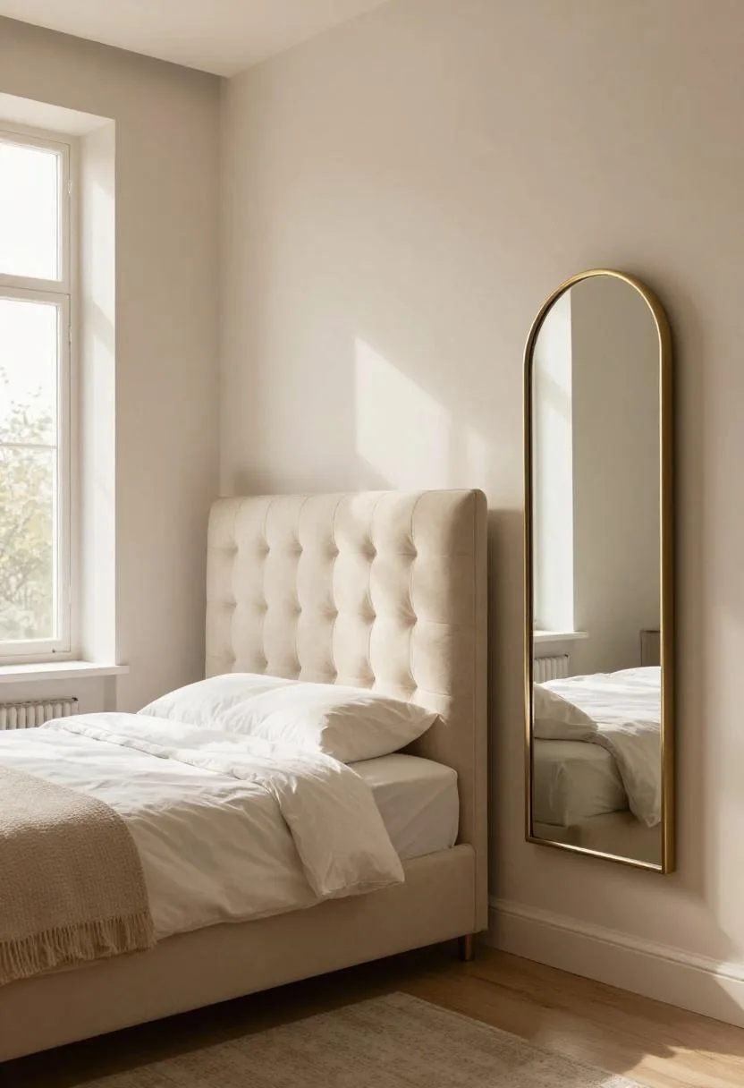 Neo Deco bedroom with a cream boucle upholstered headboard and a large arched brass floor mirror