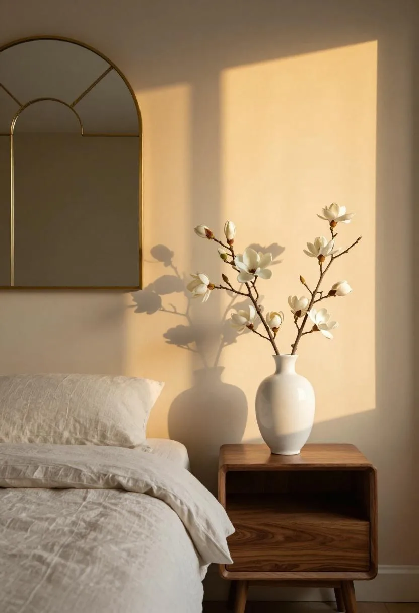 Neo Deco bedroom with tall white magnolia branches in a fluted ceramic vase beside a sage linen bed