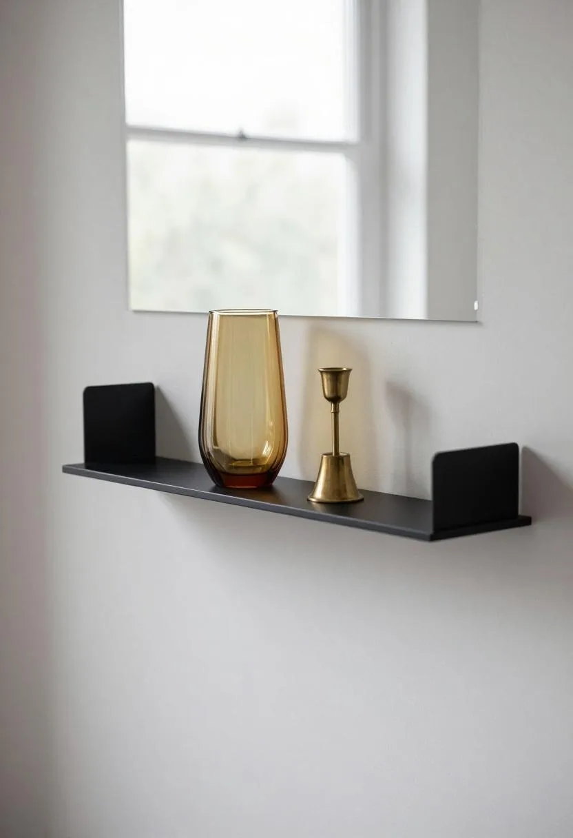 Interior design - neo deco black iron shelf amber glass vase brass