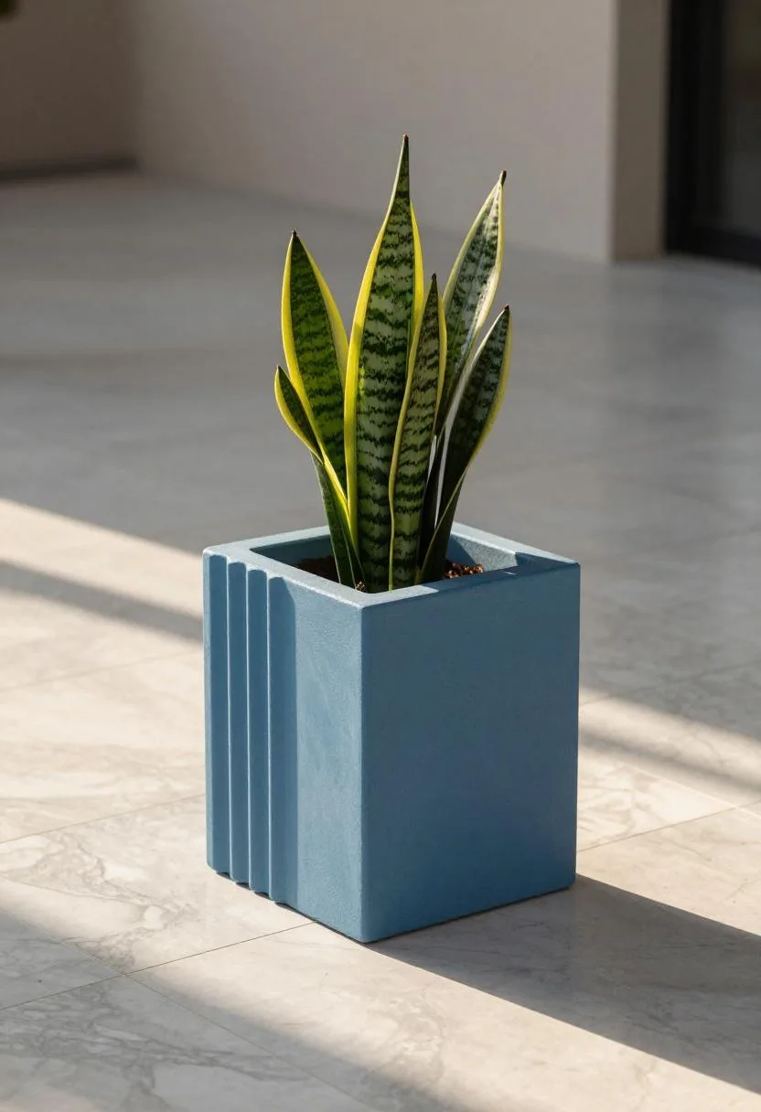 Neo Deco ocean blue fluted concrete planter with a sculptural snake plant on a marble tile balcony at golden hour