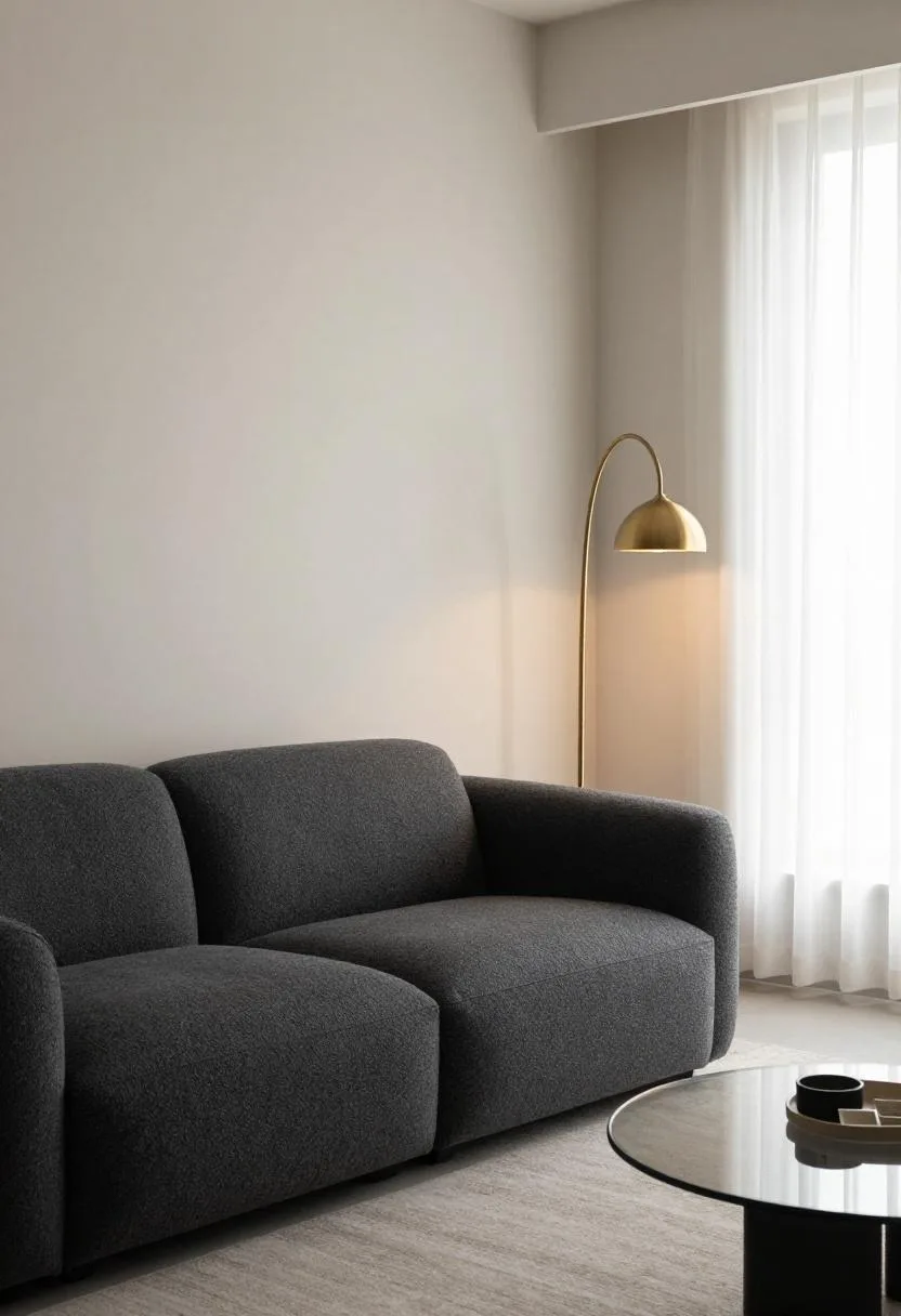 Thrifted sofa reupholstered in charcoal boucle with a brass floor lamp and fluted glass table in a Neo Deco living room