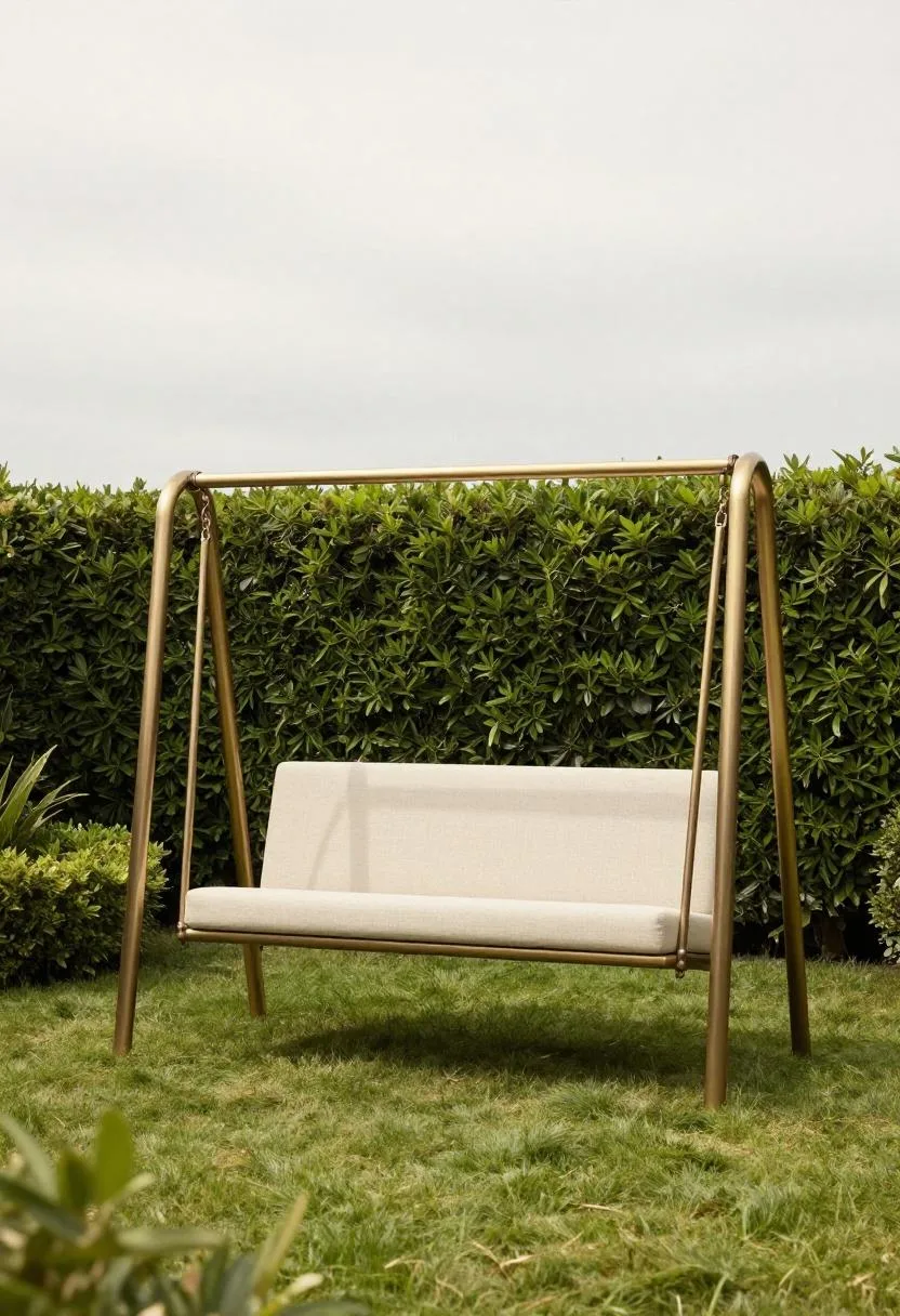 Neo Deco brass-finished arched swing frame with cream linen bench seat on a lawn