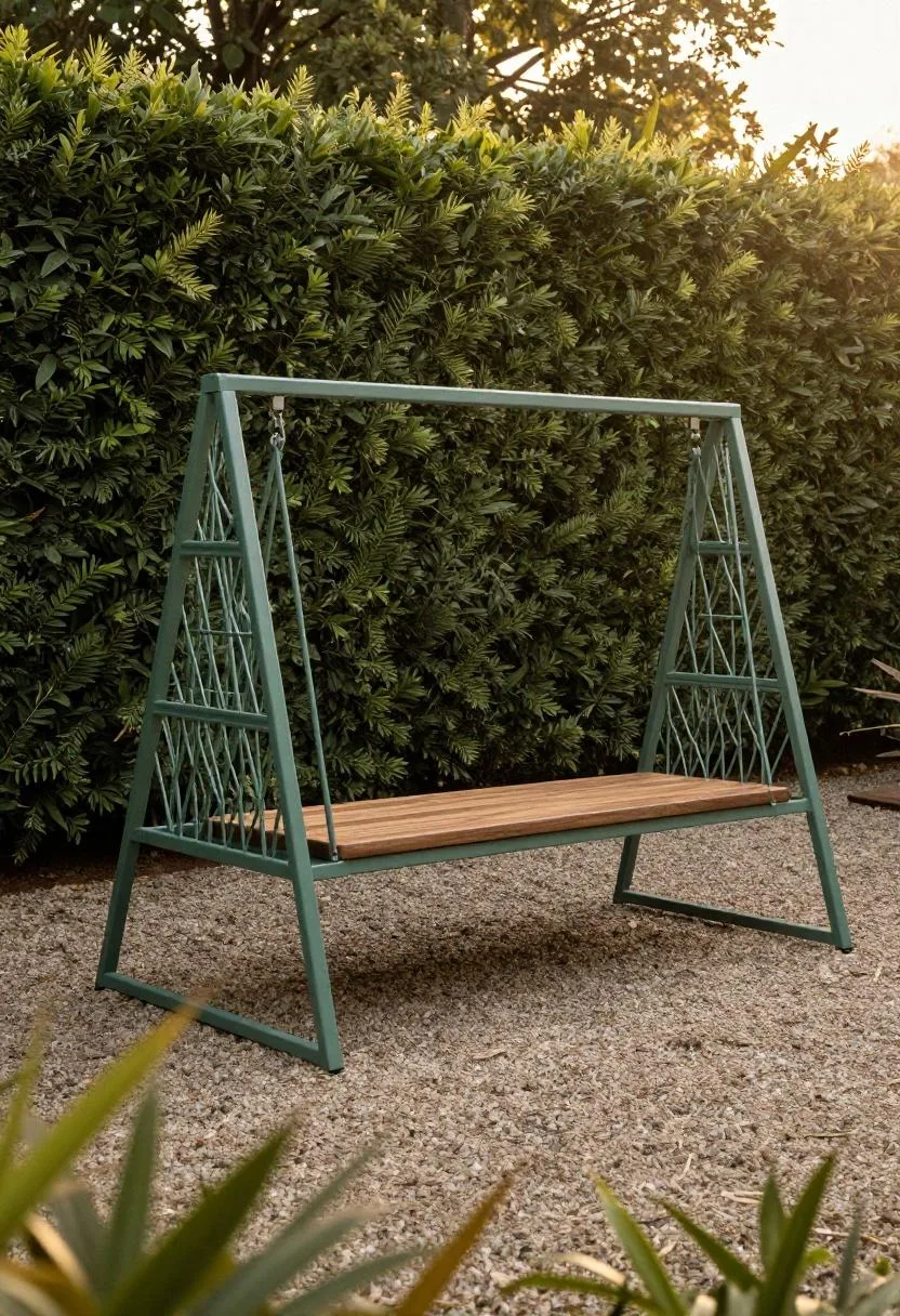 Neo Deco dark green steel swing with geometric panels and walnut seat in a gravel garden