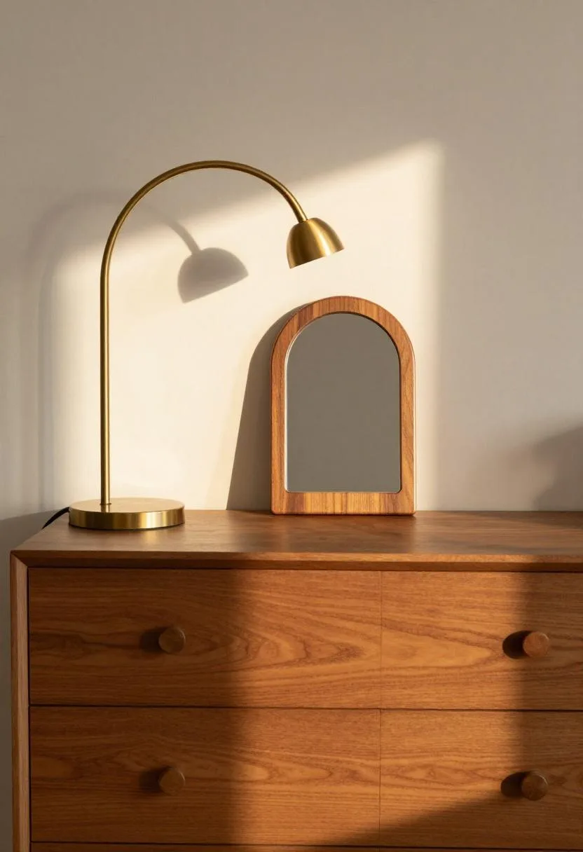 Neo Deco dresser vignette with a brass arc lamp and an arch-shaped walnut framed mirror