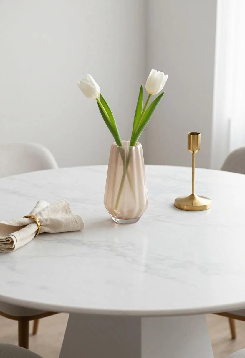 Neo Deco Easter table setting with fluted glass vase, geometric brass candleholder, and ivory linen napkins