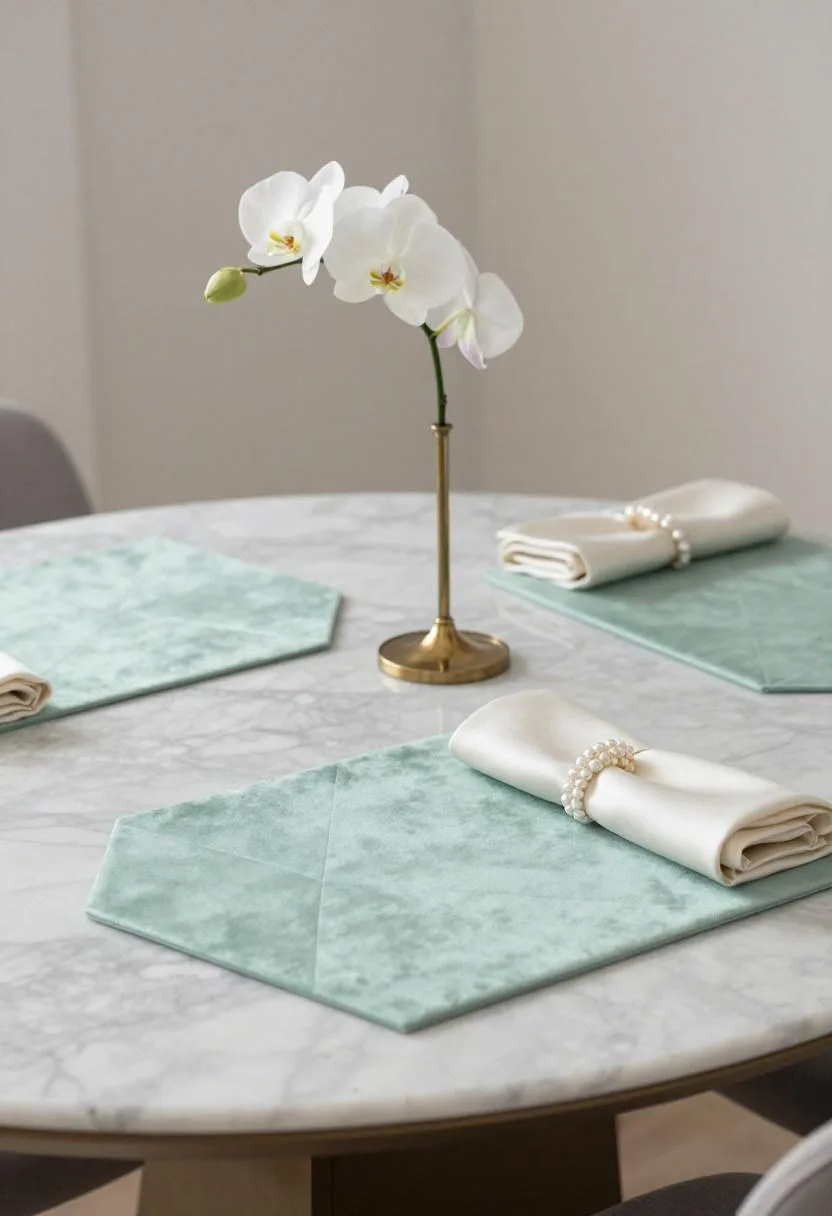 Neo Deco Easter place setting with mint velvet placemat, small brass bud vase, and single white orchid stem
