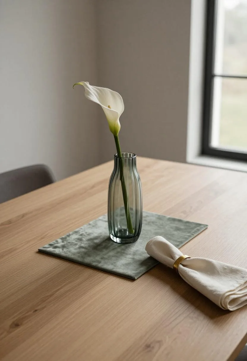 Neo Deco Easter table with fluted sage green glass vase, single arum lily, and geometric velvet placemat
