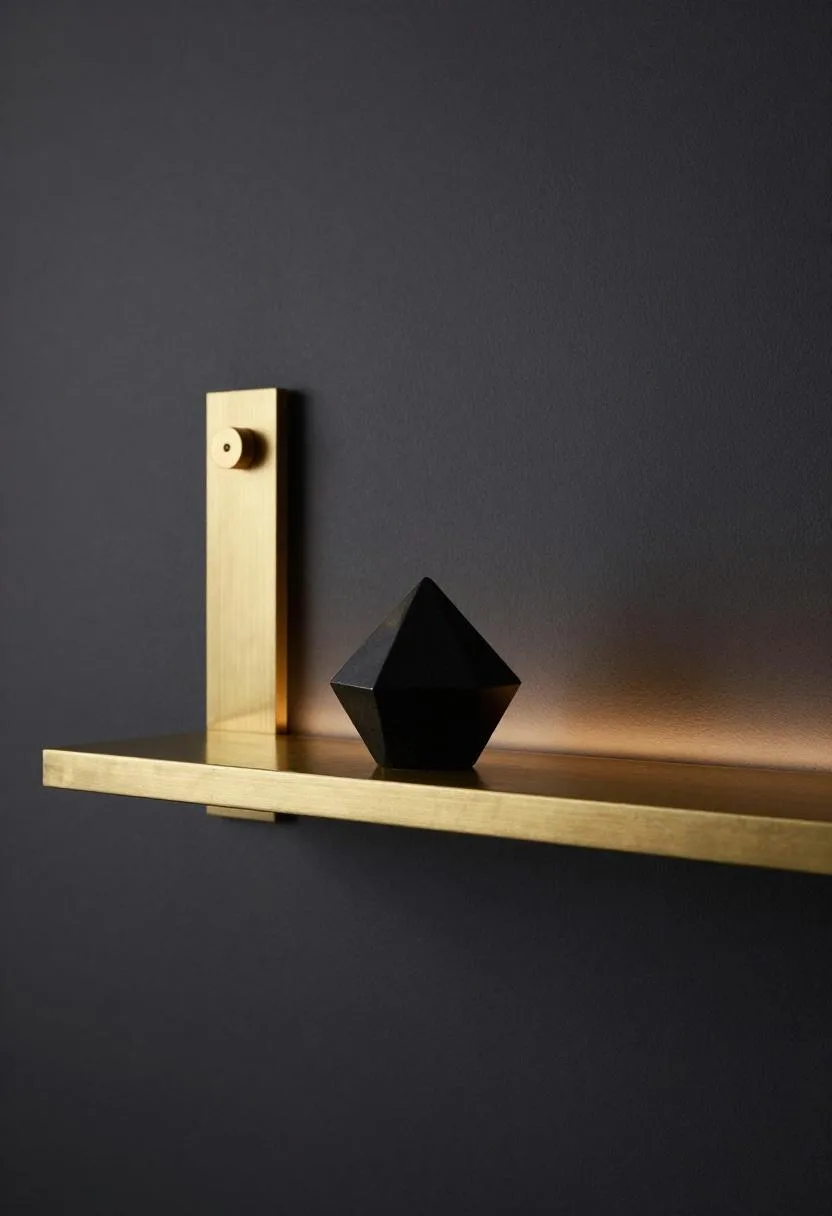Neo Deco brass-bracketed ebony floating shelf with geometric obsidian sculpture on charcoal wall
