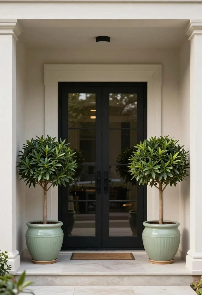 Symmetrical Neo Deco entry with matched sage fluted planters and bay laurel standards flanking a glass door