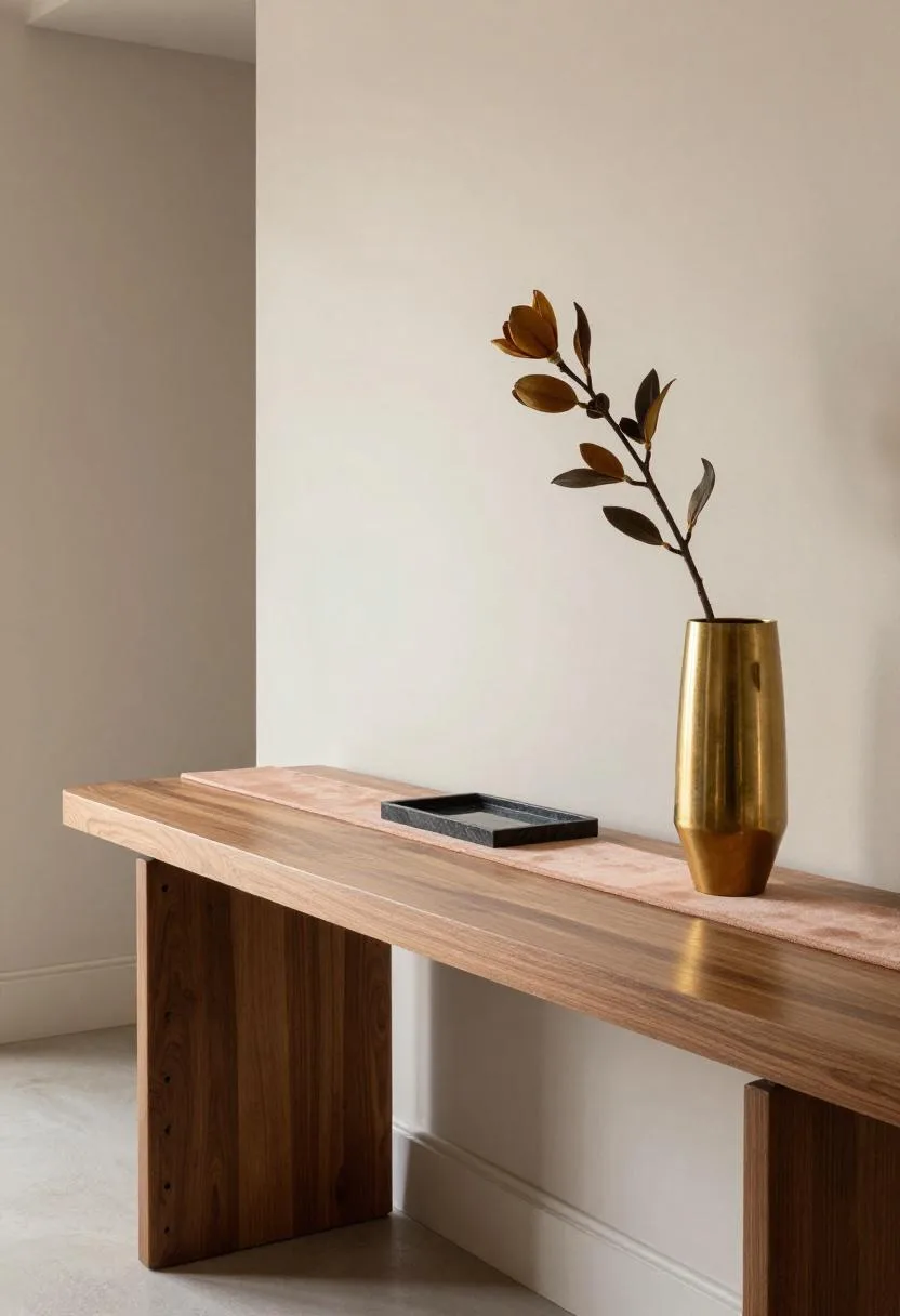Neo Deco entryway console table with peach velvet table runner, fluted brass vase, and black marble tray