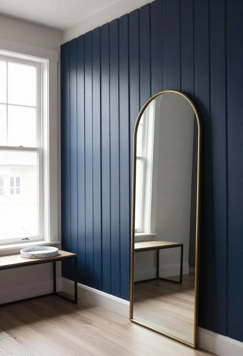 Neo Deco entryway with DIY navy-painted fluted cardboard panel accent wall and a brass-framed arched mirror