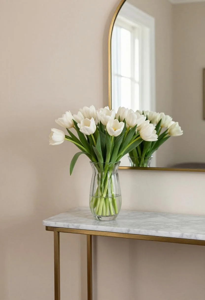 Neo Deco entryway with a bouquet of white tulips in an ivory fluted ceramic vase placed beneath an arched brass mirror
