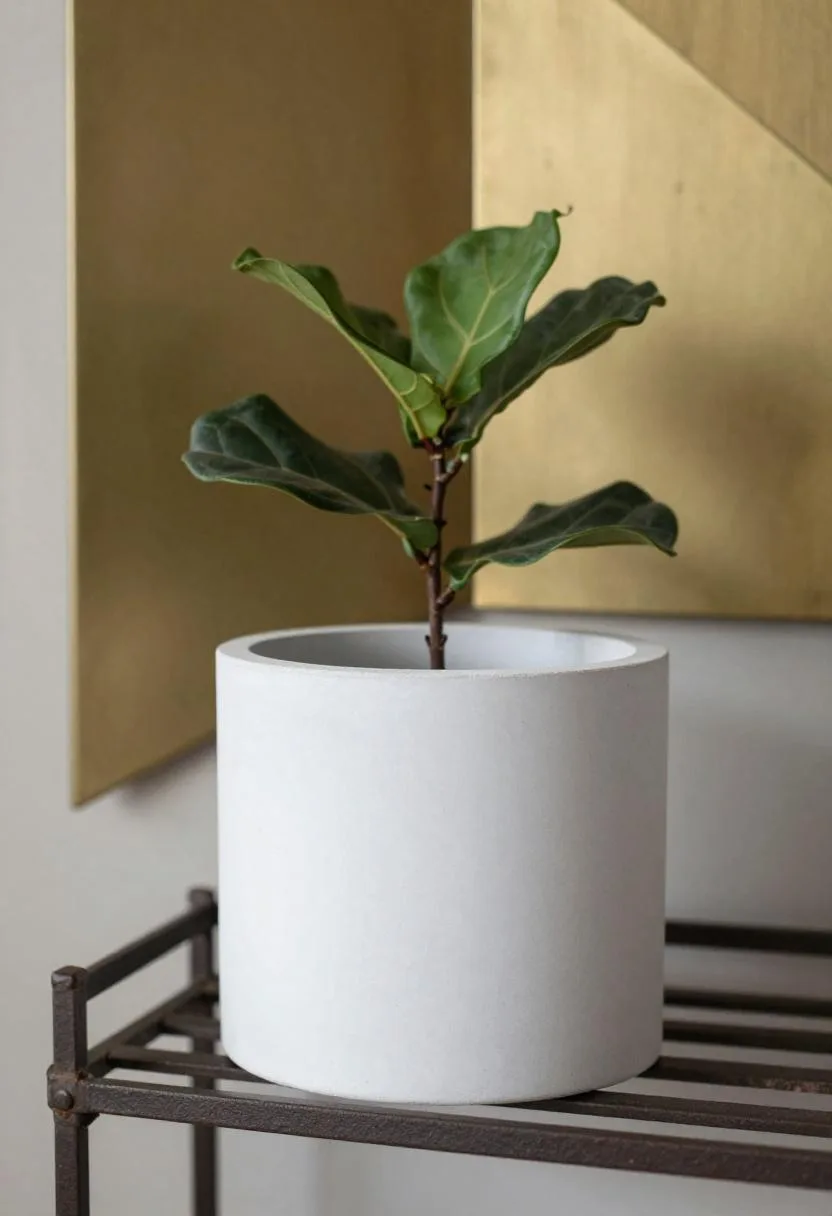 Neo Deco fluted white concrete planter with a fiddle-leaf fig and brass geometric wall accent on a balcony shelf