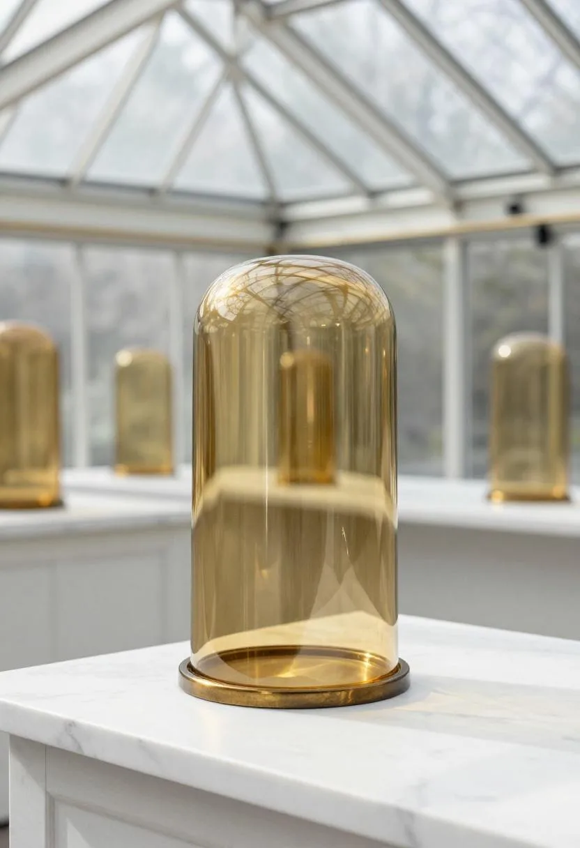 Neo Deco glass greenhouse with brass detailing and an amber glass cloche on a marble potting table