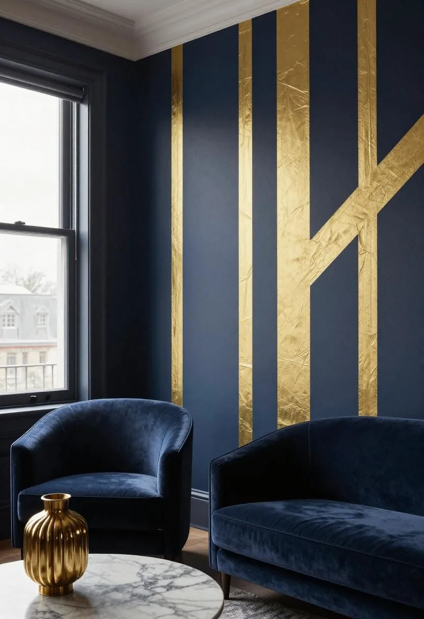 Neo Deco living room with DIY gold geometric tape accent wall in deep navy and a curved velvet armchair
