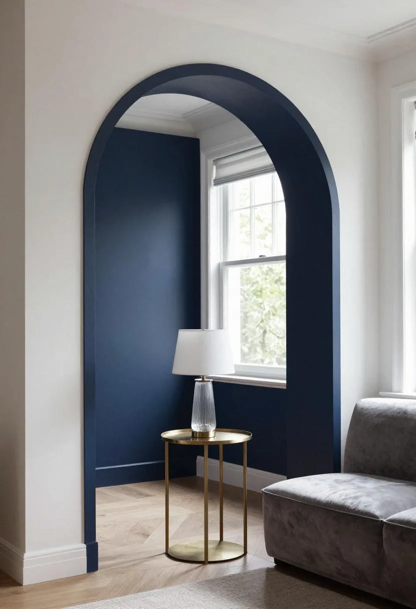 Neo Deco living room with painted navy arch DIY accent wall and a fluted glass lamp on a brass side table