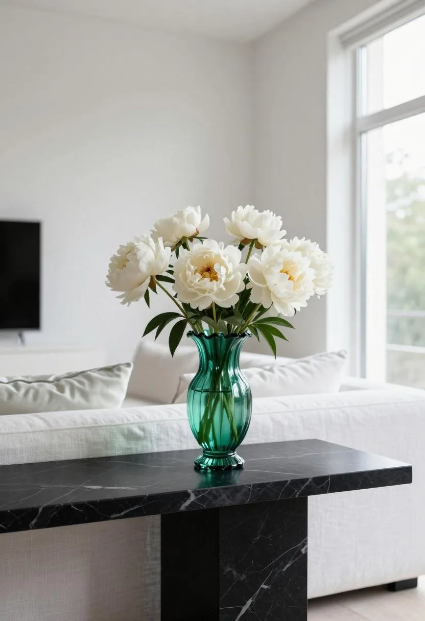 Interior design - neo deco living room white peonies emerald fluted vase