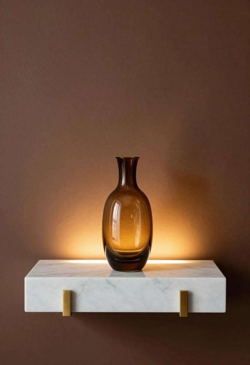 Neo Deco marble floating shelf with amber fluted vase on dark limewash wall