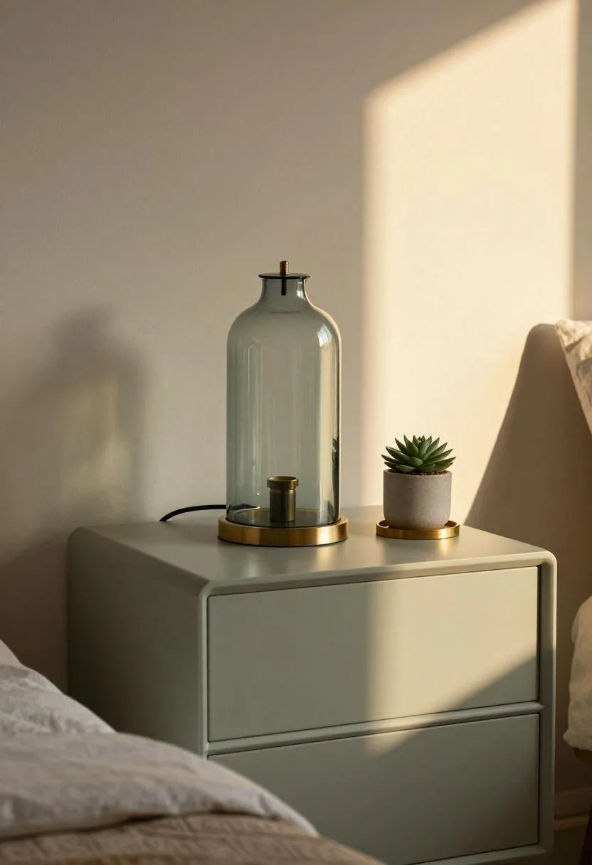 Neo Deco nightstand with a fluted sage glass lamp and a small brass coaster detail beside it