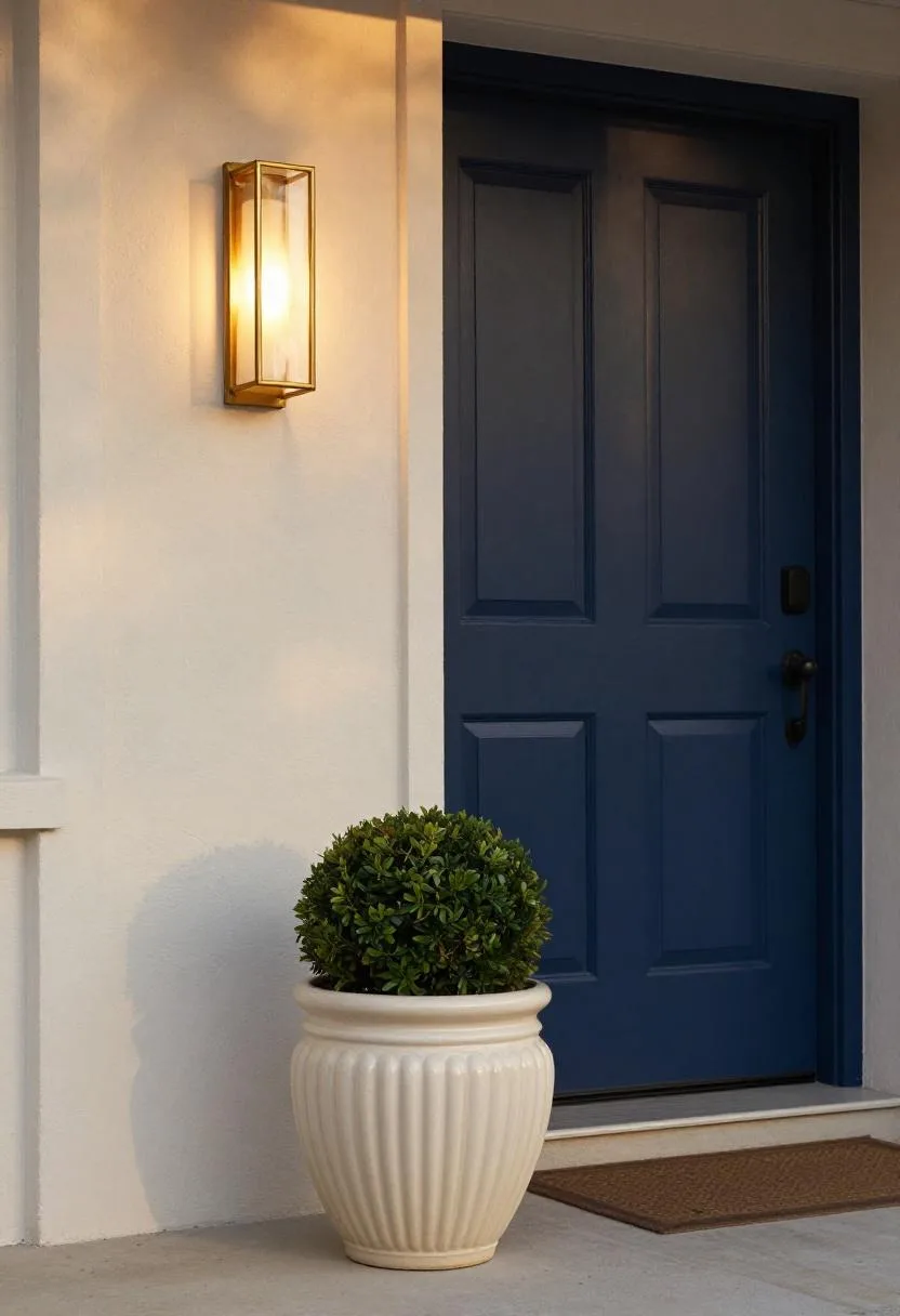 Neo Deco front porch with cream fluted planter and geometric brass lantern flanking a navy door