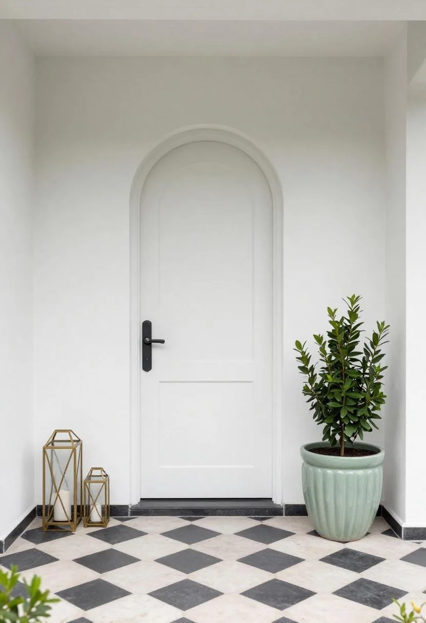 Neo Deco porch with fluted sage planter, brass lantern, and herringbone tile floor
