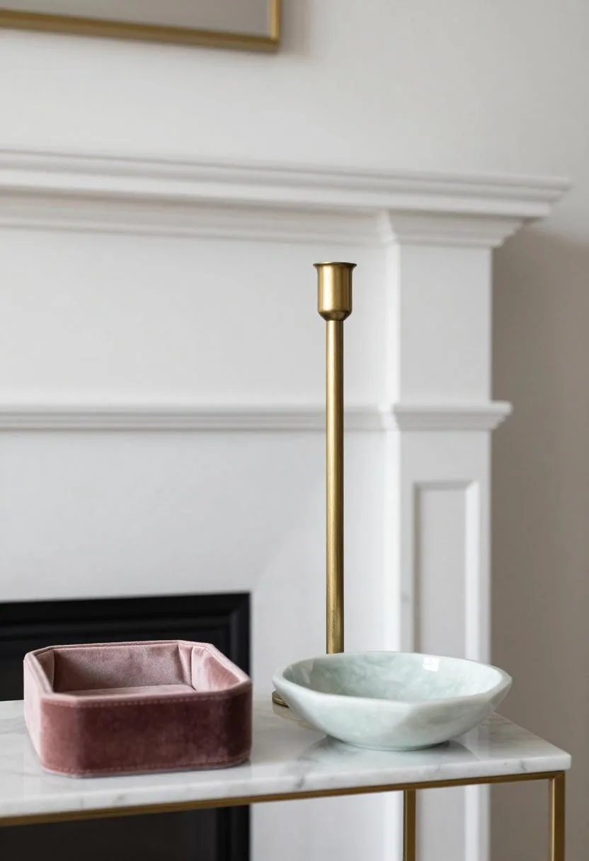 Neo Deco spring mantel arrangement with brass candleholder, blush velvet dish, and jade ceramic bowl displayed on marble