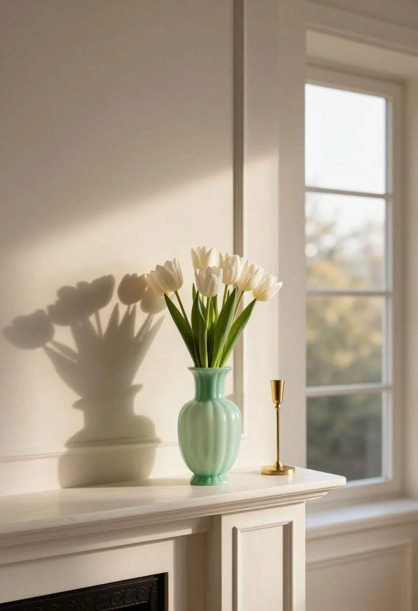Neo Deco spring mantel featuring mint green fluted vase and brass candlesticks holding fresh white tulips